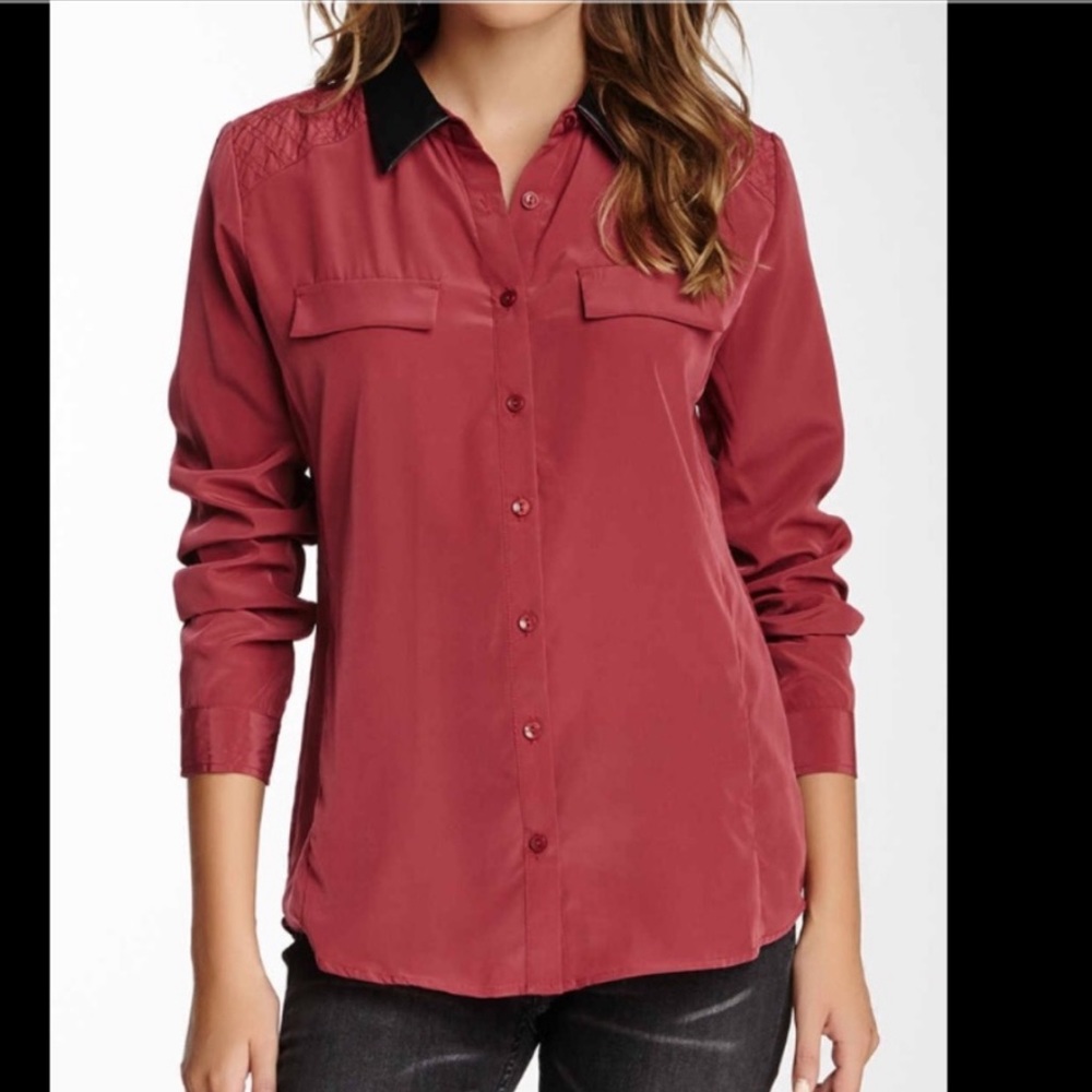 Burgundy Olive & Oak faux leather collar blouse